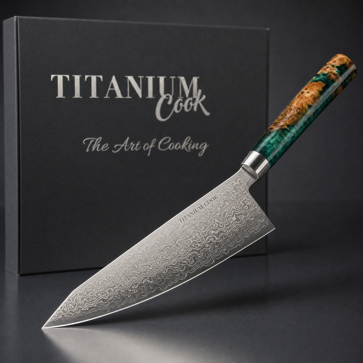 TitaniumCook Jade Prism Kiritsuke knife — main view with its box