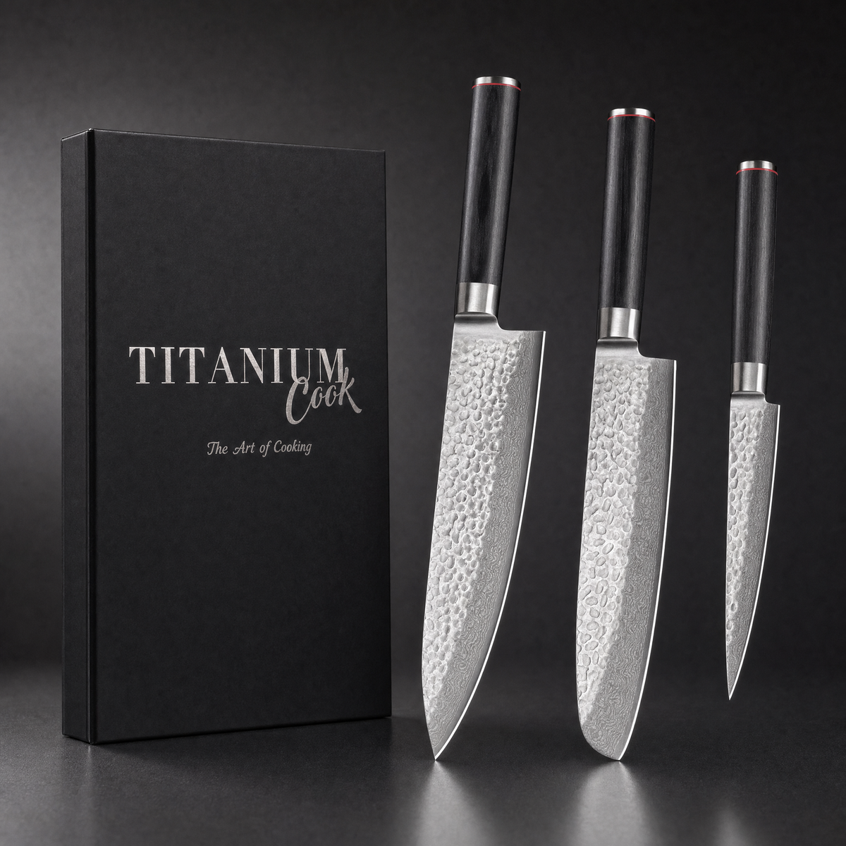 Set de 3 couteaux japonais Nocturne en acier 440C, manche bois de pakka, livré en coffret TitaniumCook
