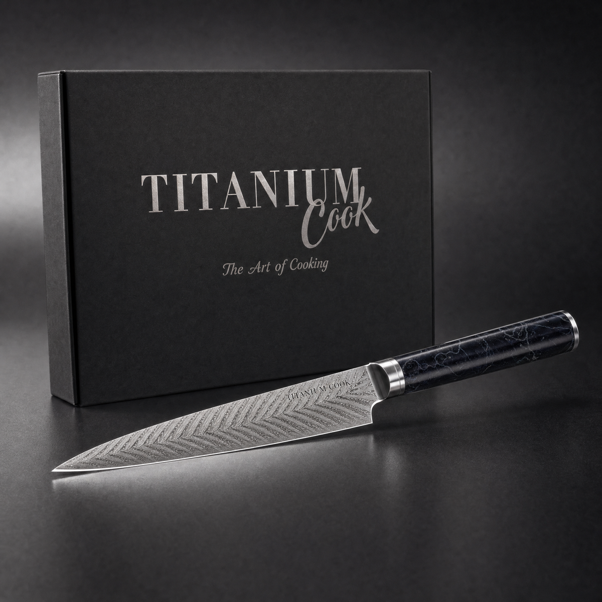 Couteau utilitaire japonais Alvéole à lame damassée, manche résine bleu nuit, livré en coffret TitaniumCook