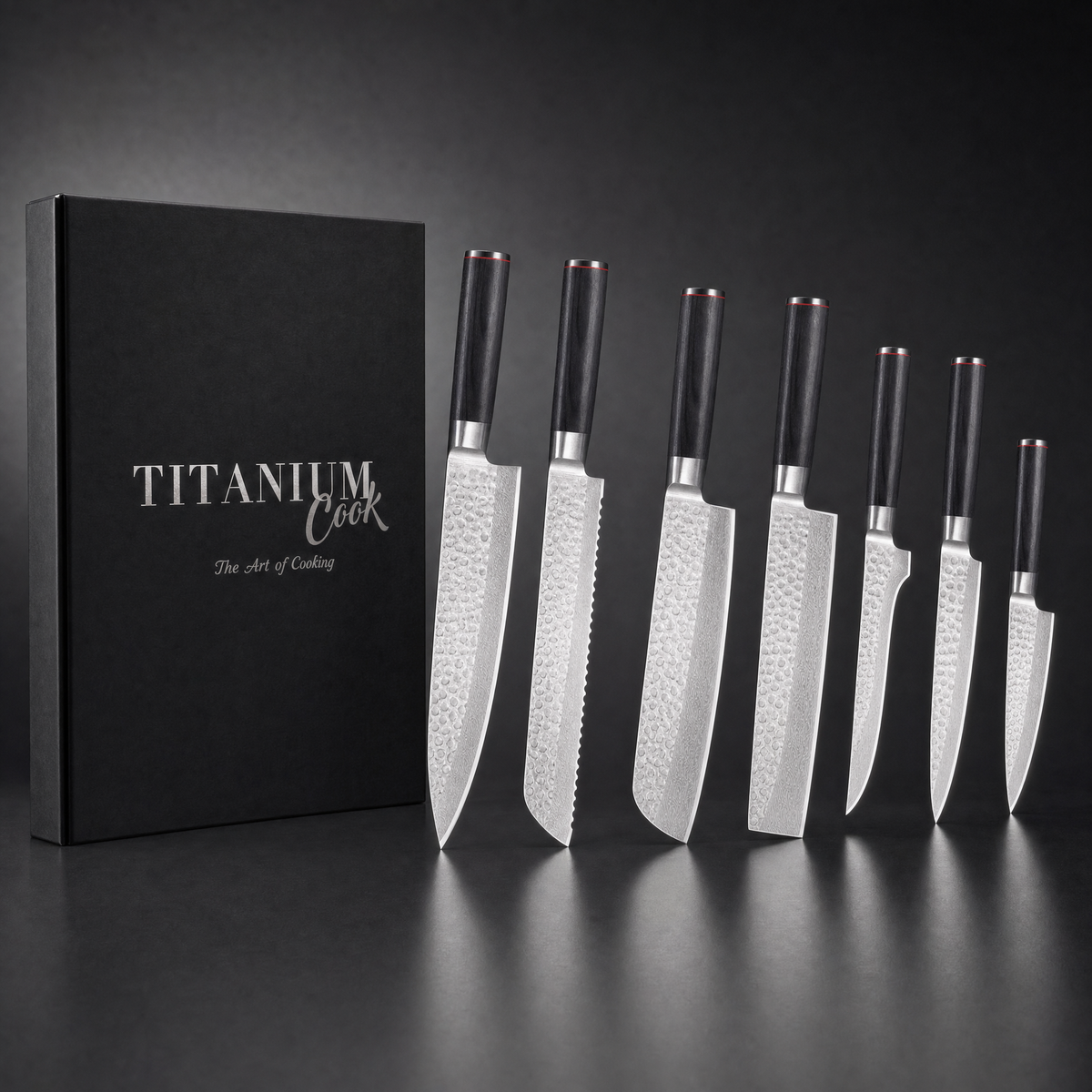 Set de 7 couteaux japonais Nocturne en acier 440C, manche bois de pakka, livré en coffret TitaniumCook