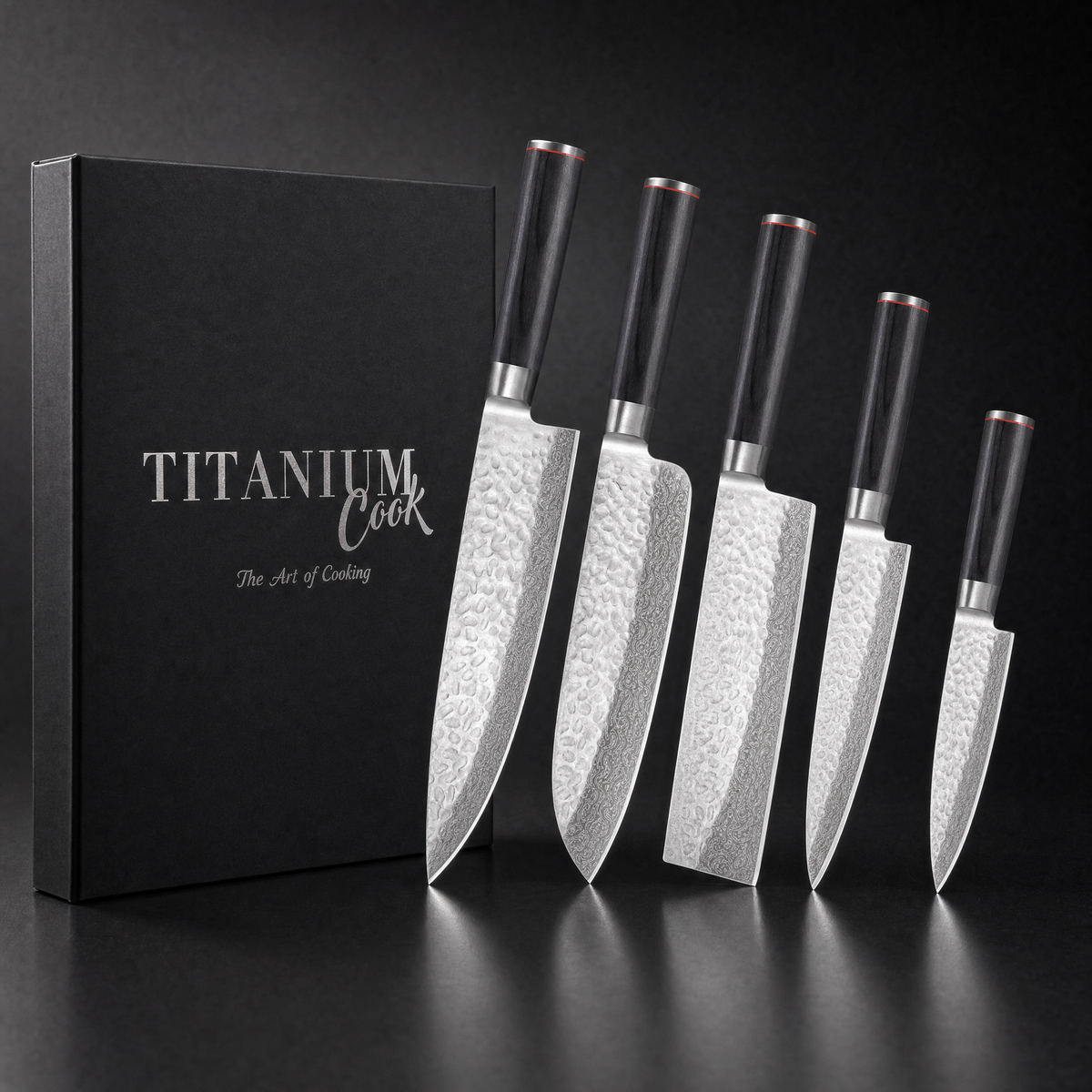 Set de 5 couteaux japonais Nocturne en acier 440C, manche bois de pakka, livré en coffret TitaniumCook