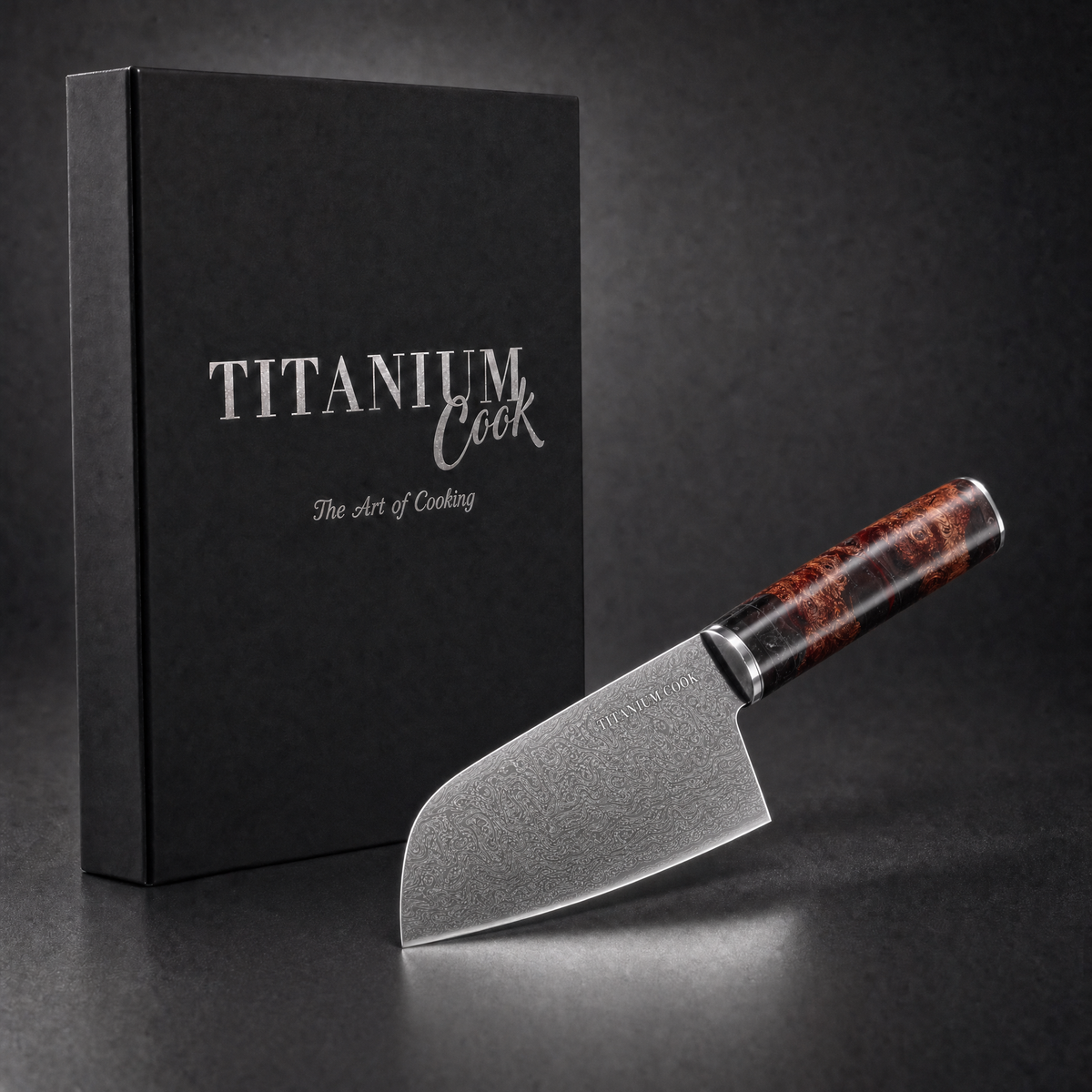 Kleines Santoku-Messer Terre de Feu, TitaniumCook-Set vor schwarzem Studiohintergrund