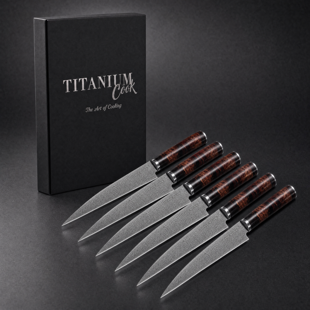Lot de 6 Couteaux à Steak Terre de Feu, coffret TitaniumCook sur fond studio noir