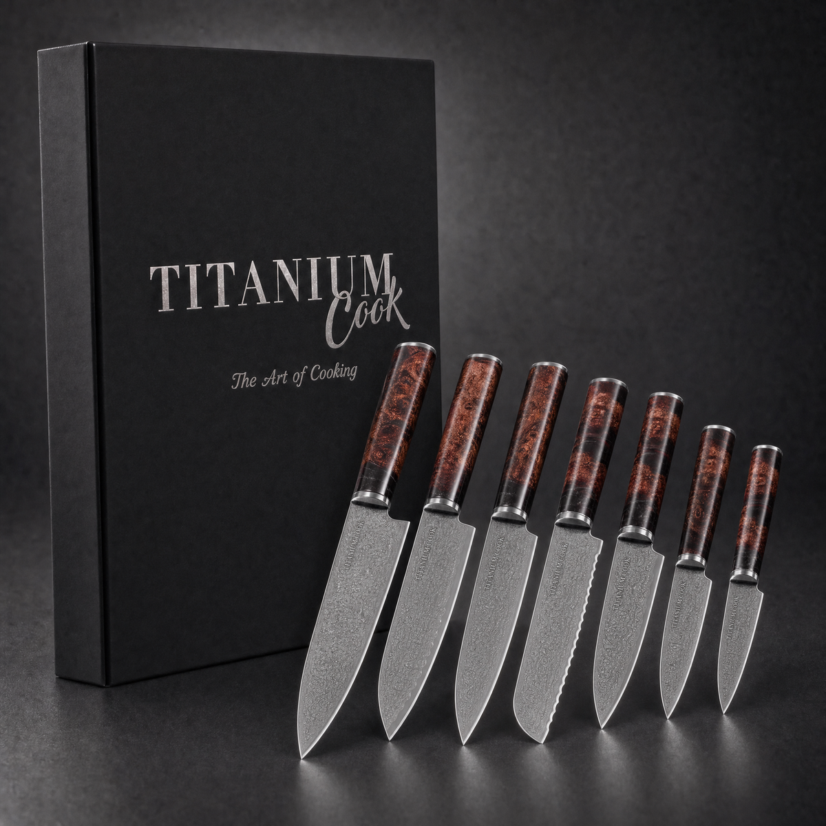 Set de 7 Couteaux Japonais Terre de Feu, coffret TitaniumCook sur fond studio noir