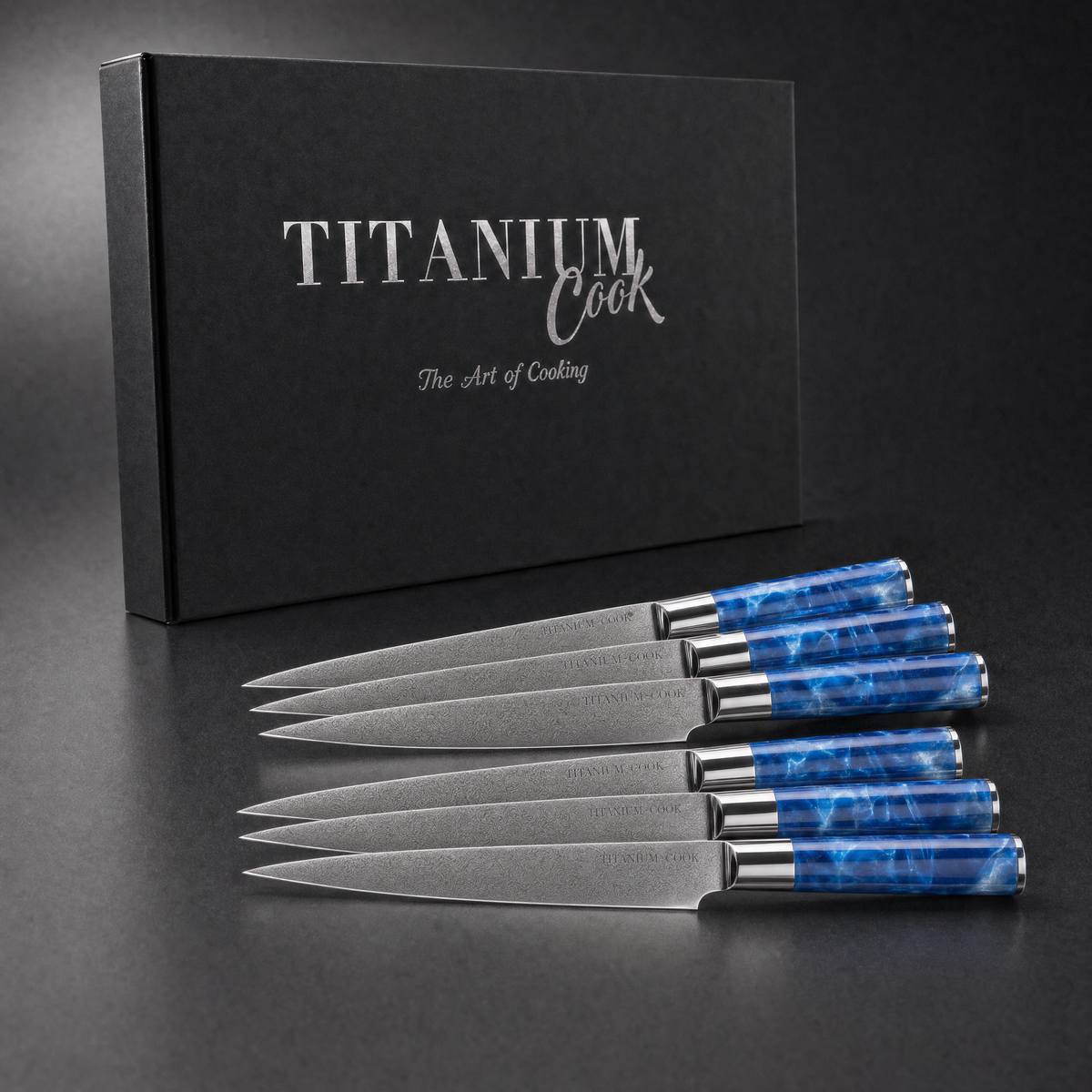 Lot de 6 Couteaux à Steak Bleu Océan, coffret TitaniumCook sur fond studio noir
