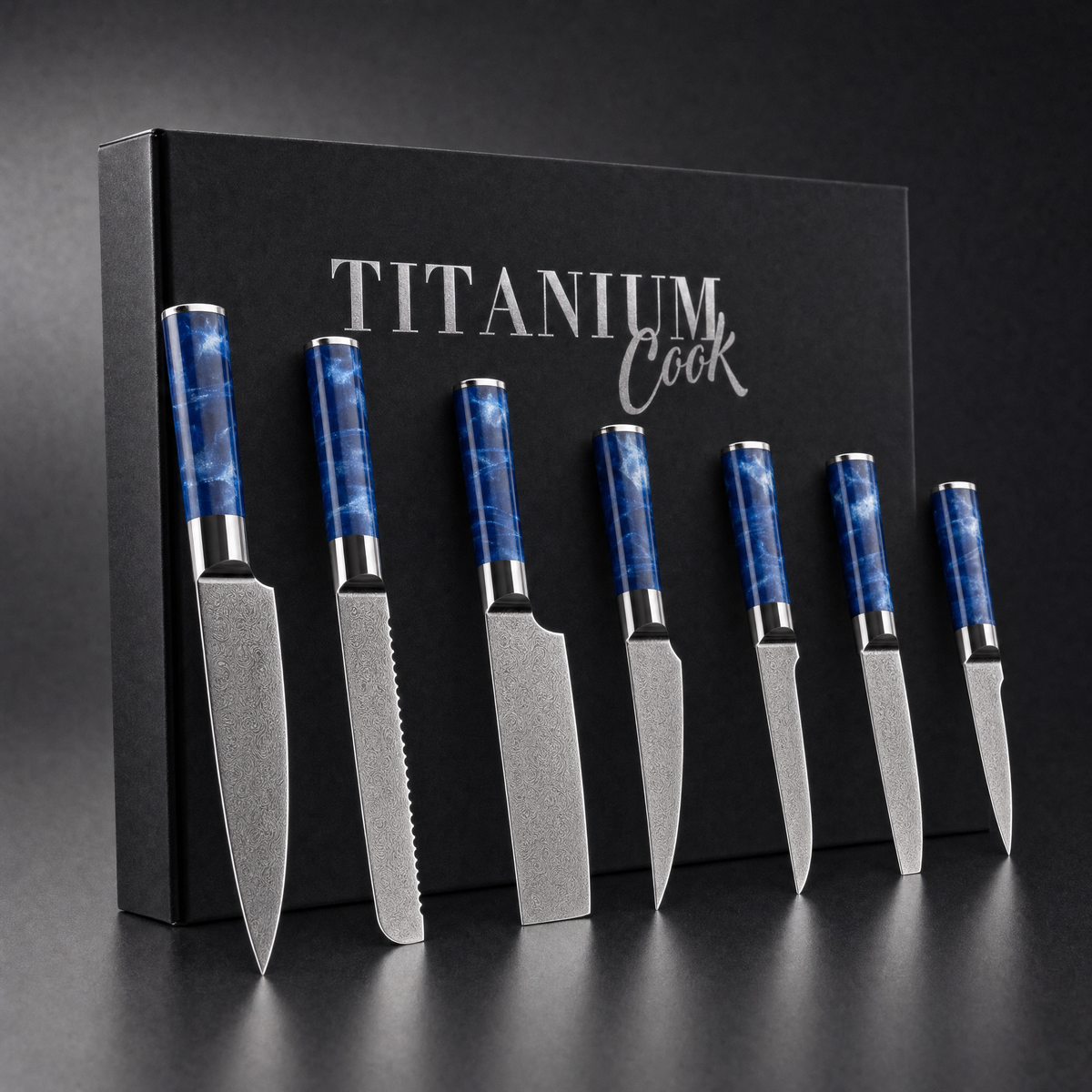 Set de 7 Couteaux Japonais Bleu Océan, coffret TitaniumCook sur fond studio noir