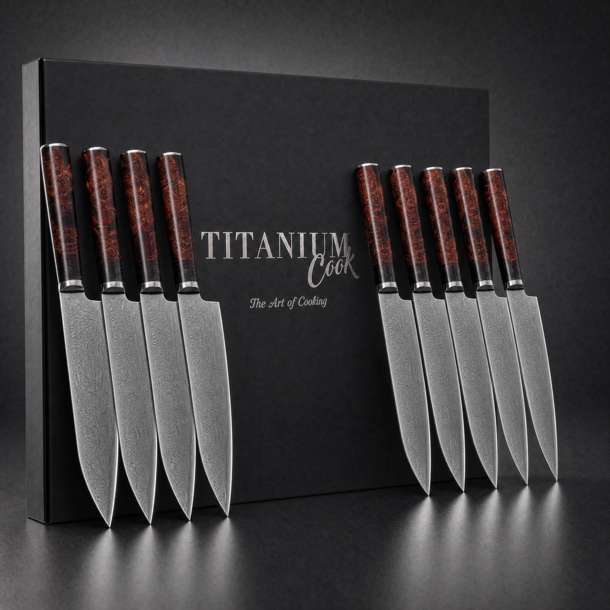 Set de 10 Couteaux Japonais Terre de Feu, coffret TitaniumCook sur fond studio noir