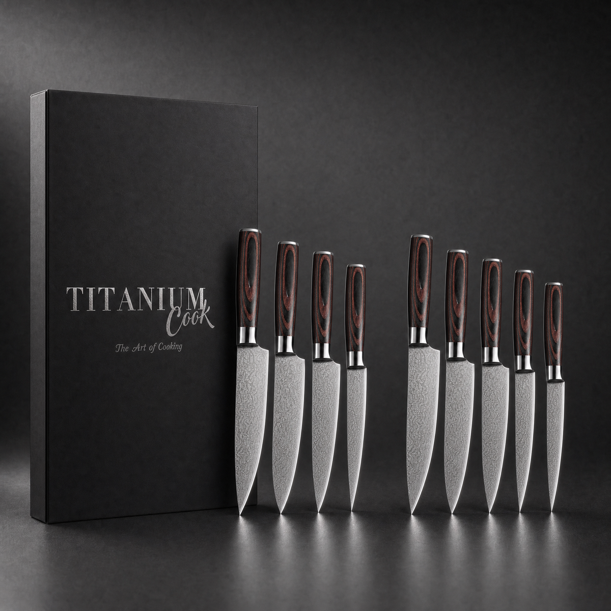 Set de 10 Couteaux Japonais Forest Wood, coffret TitaniumCook sur fond studio noir