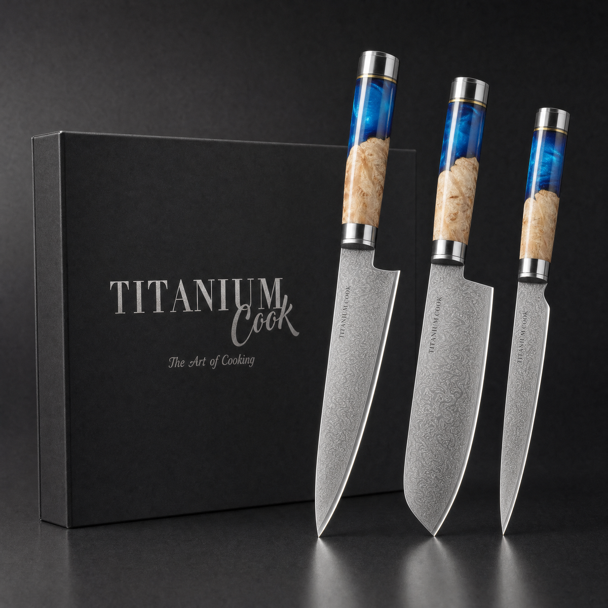 Set de 3 couteaux damas Mer Jaune TitaniumCook avec coffret noir