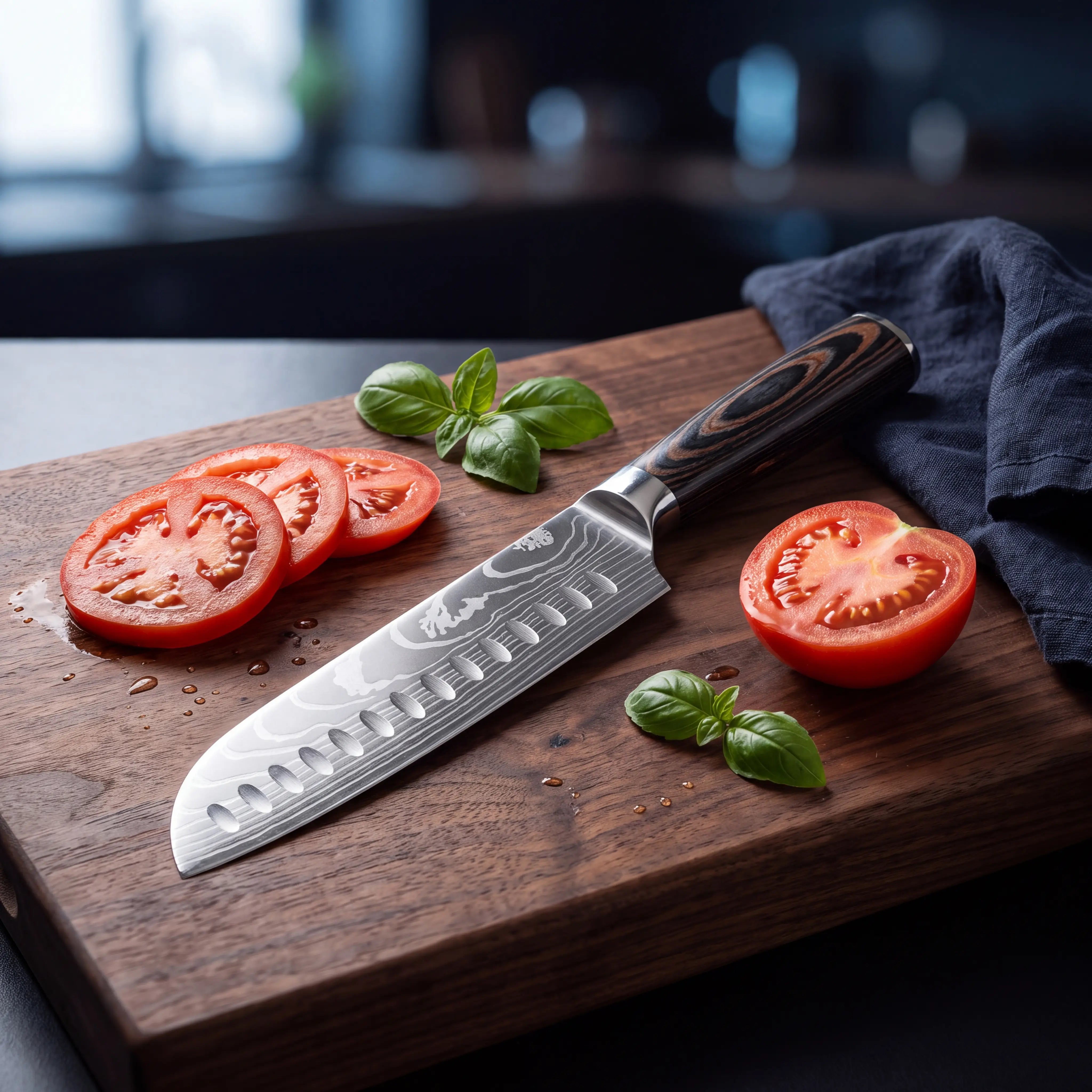 TitaniumCook santoku knife on a wooden cutting board, with sliced tomatoes and basil.