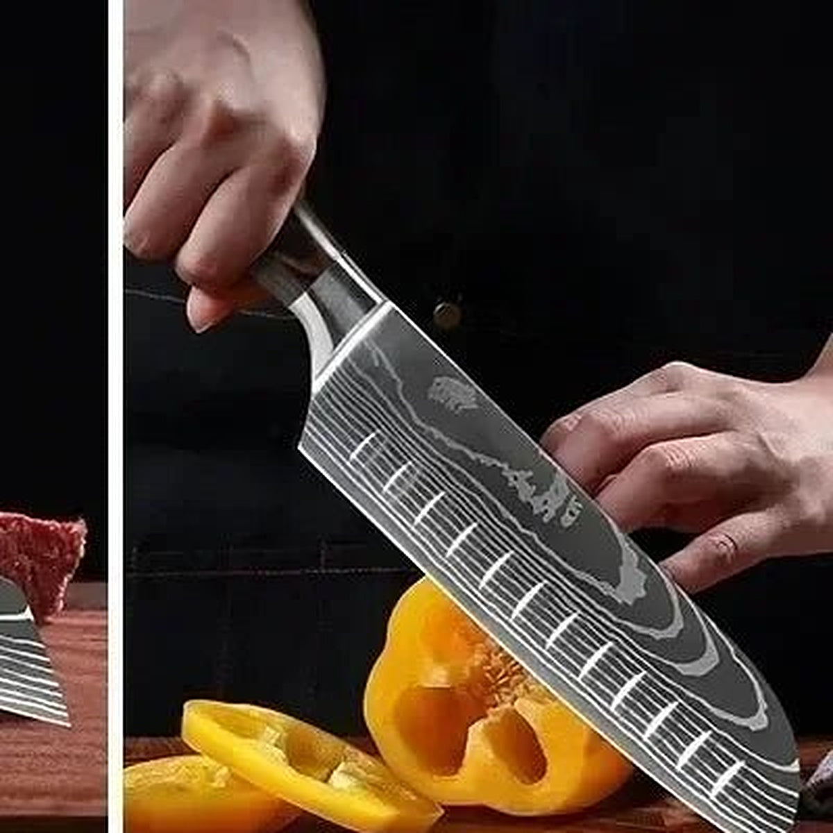TitaniumCook Japanese santoku knife slicing peppers