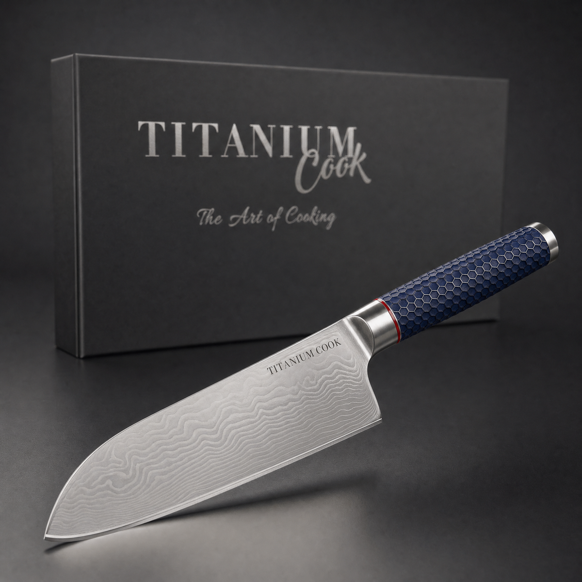 TitaniumCook Santoku knife with scalloped edge — main view with its case