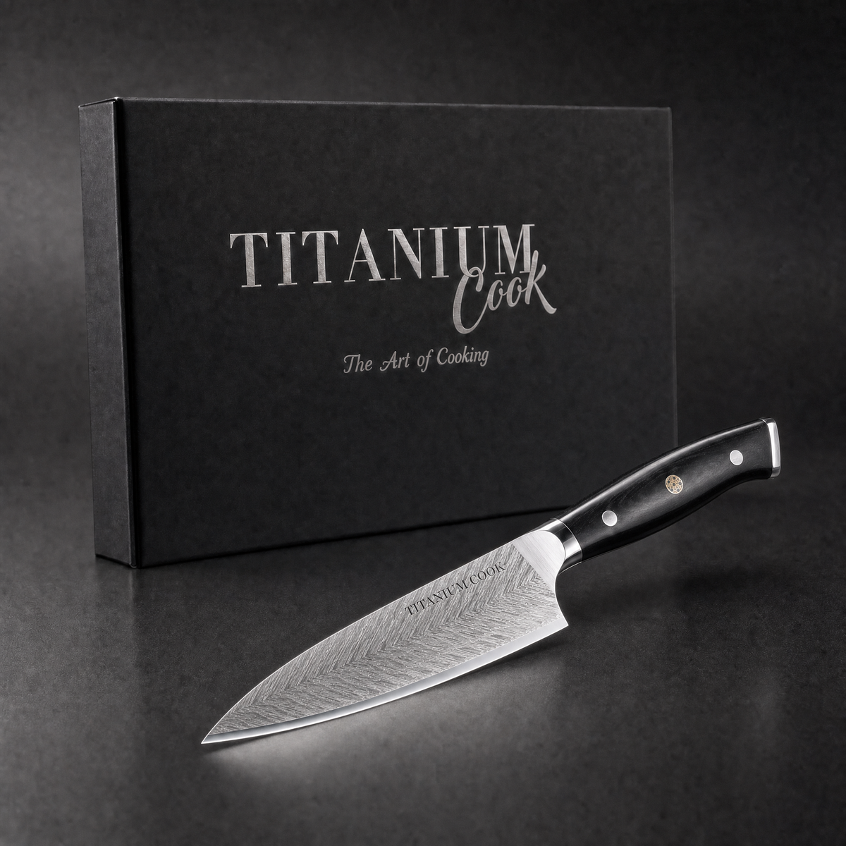 Chef Feather Knife 20 cm, TitaniumCook gift box on black studio background