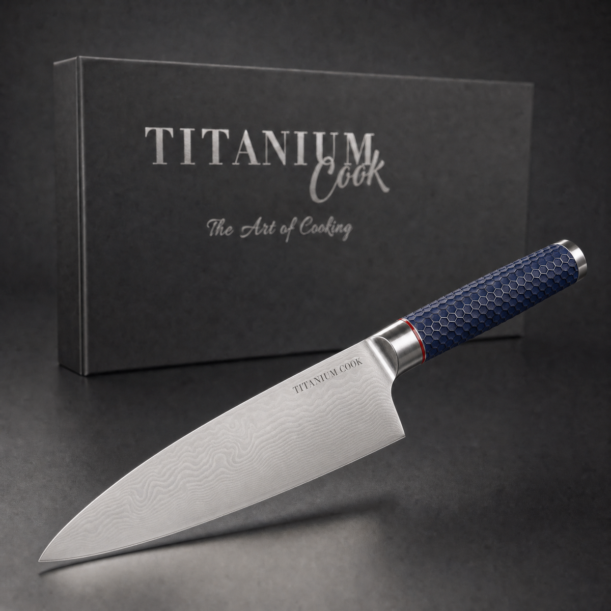Chefmesser Alvéole 20 cm, TitaniumCook-Geschenkbox auf schwarzem Studiohintergrund