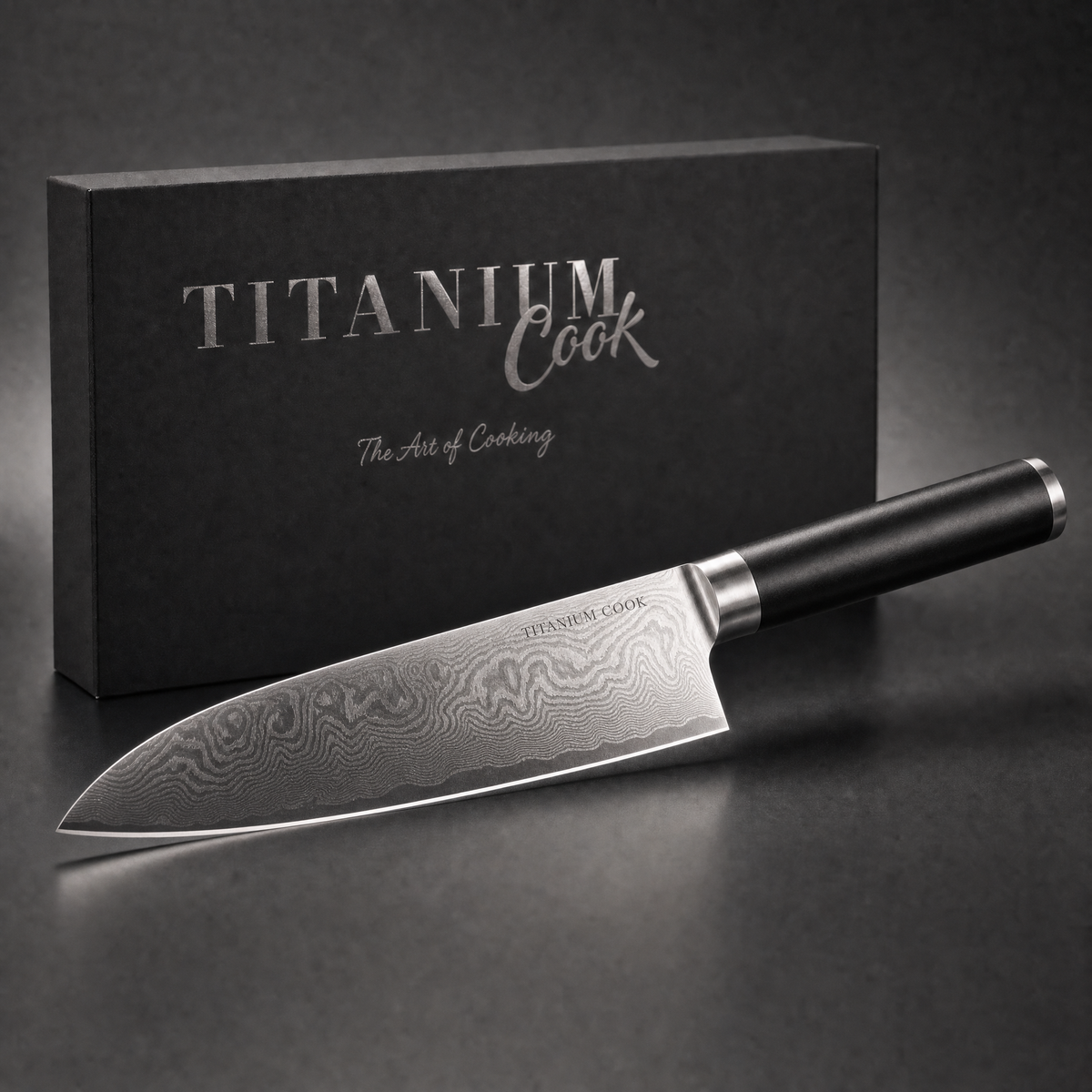 Silex Kochmesser 20 cm, TitaniumCook-Koffer vor schwarzem Studiohintergrund