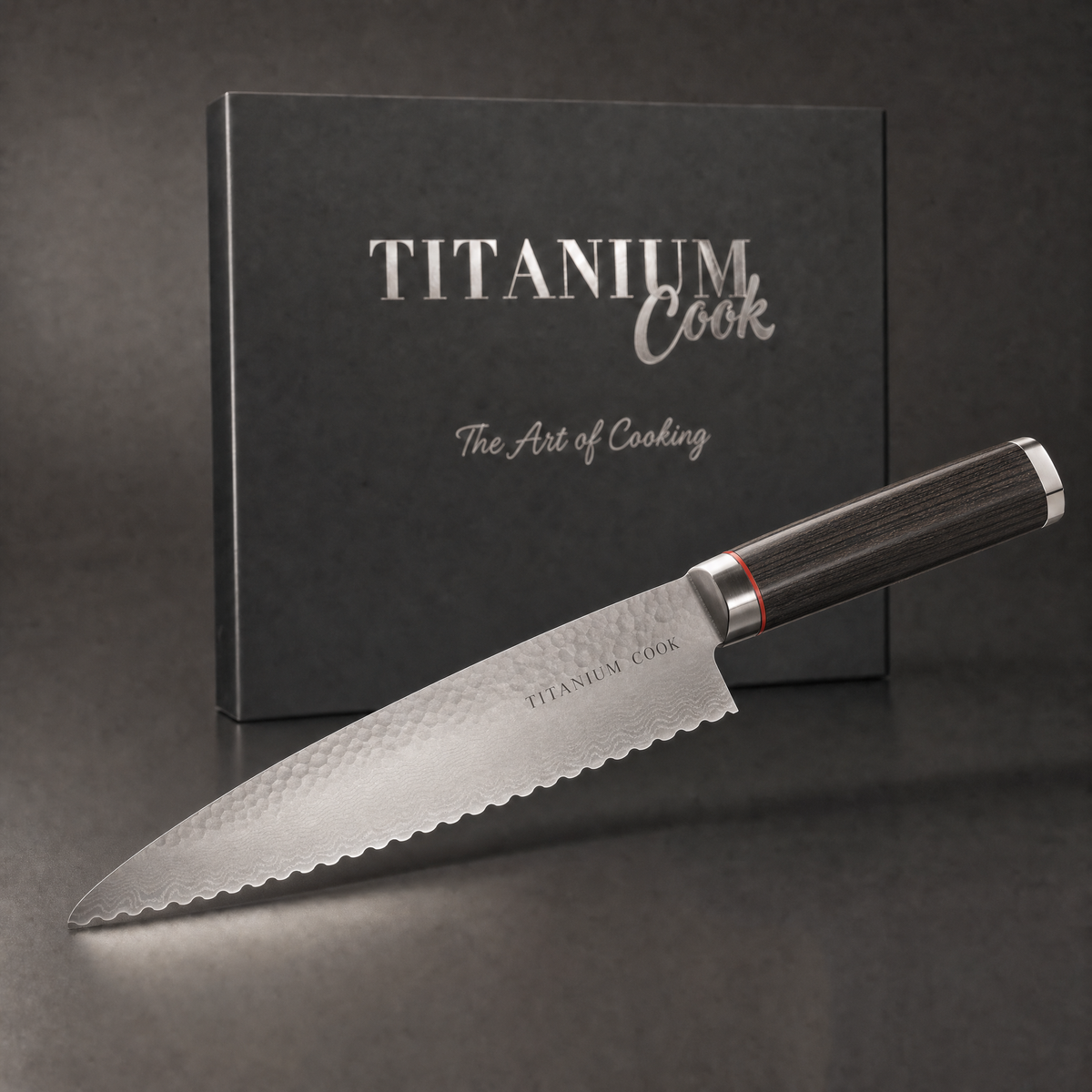 Couteau à Pain Nocturne, coffret TitaniumCook sur fond studio noir