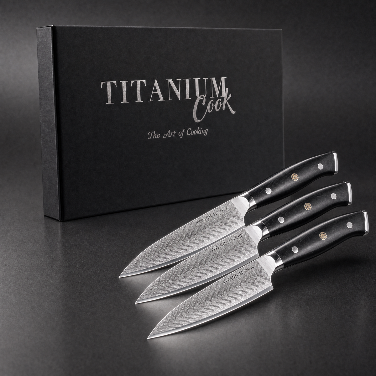 Lot de 4 Couteaux à Steak Plume, coffret TitaniumCook sur fond studio noir