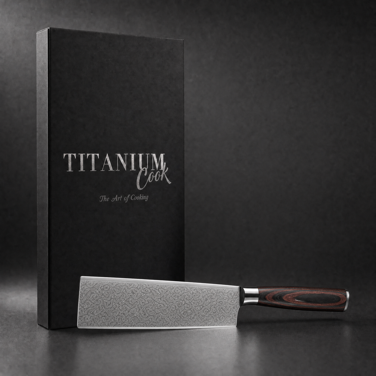 Nakiri knife, forest wood, TitaniumCook gift set on a black studio background