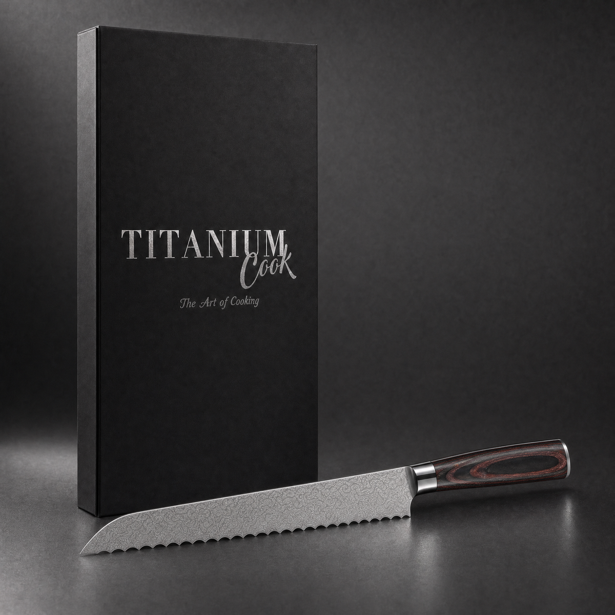 Couteau à Pain Forest Wood, coffret TitaniumCook sur fond studio noir