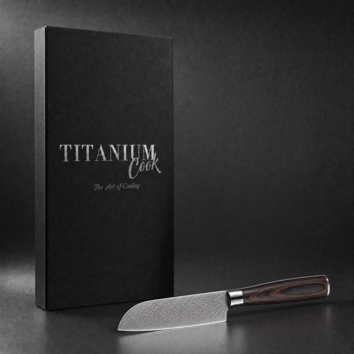 Small Santoku Knife Forest Wood, TitaniumCook gift set on a black studio background