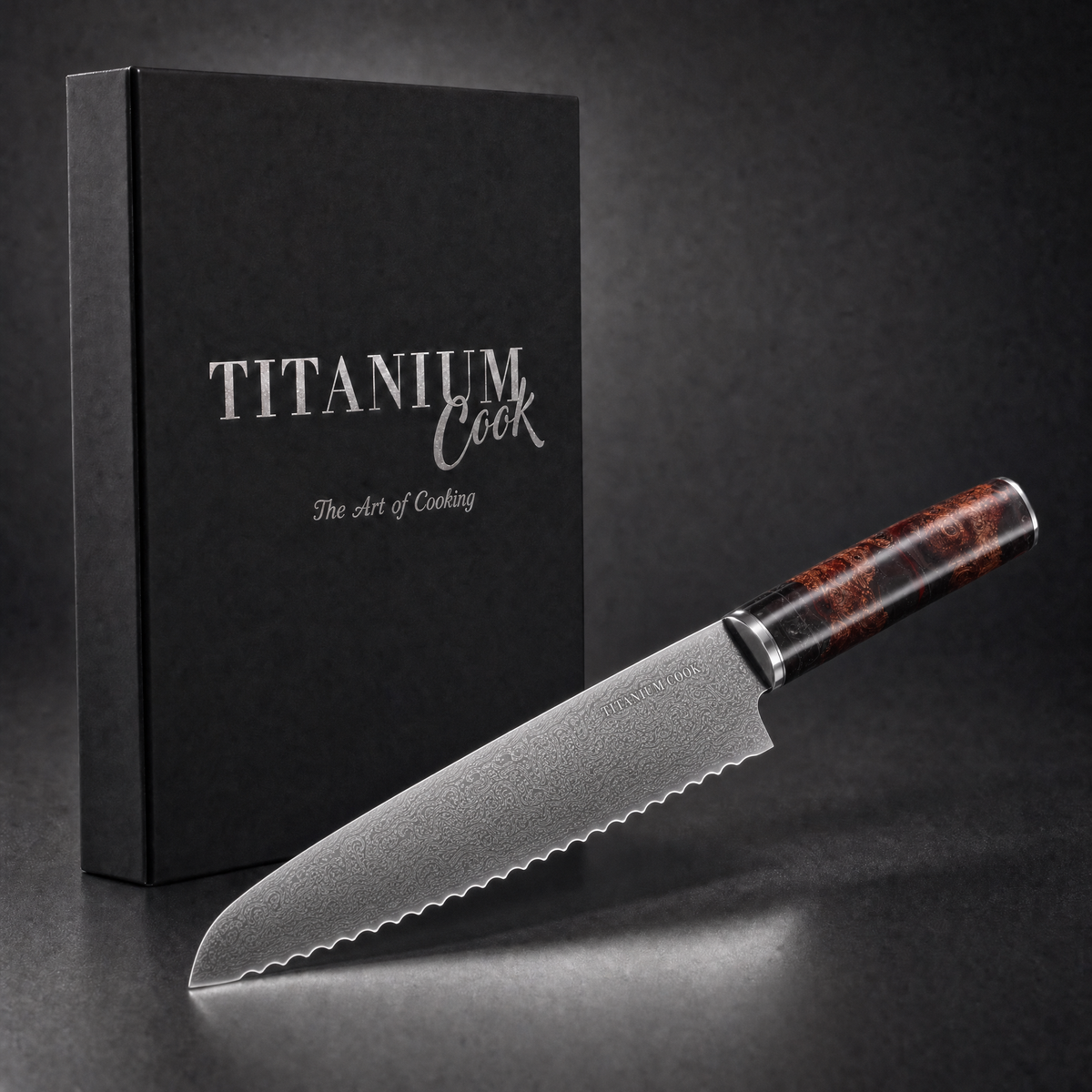 Couteau à Pain Terre de Feu, coffret TitaniumCook sur fond studio noir