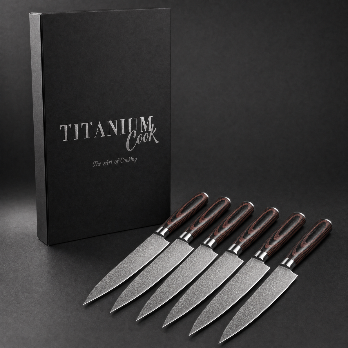 Lot de 6 Couteaux à Steak Forest Wood, coffret TitaniumCook sur fond studio noir