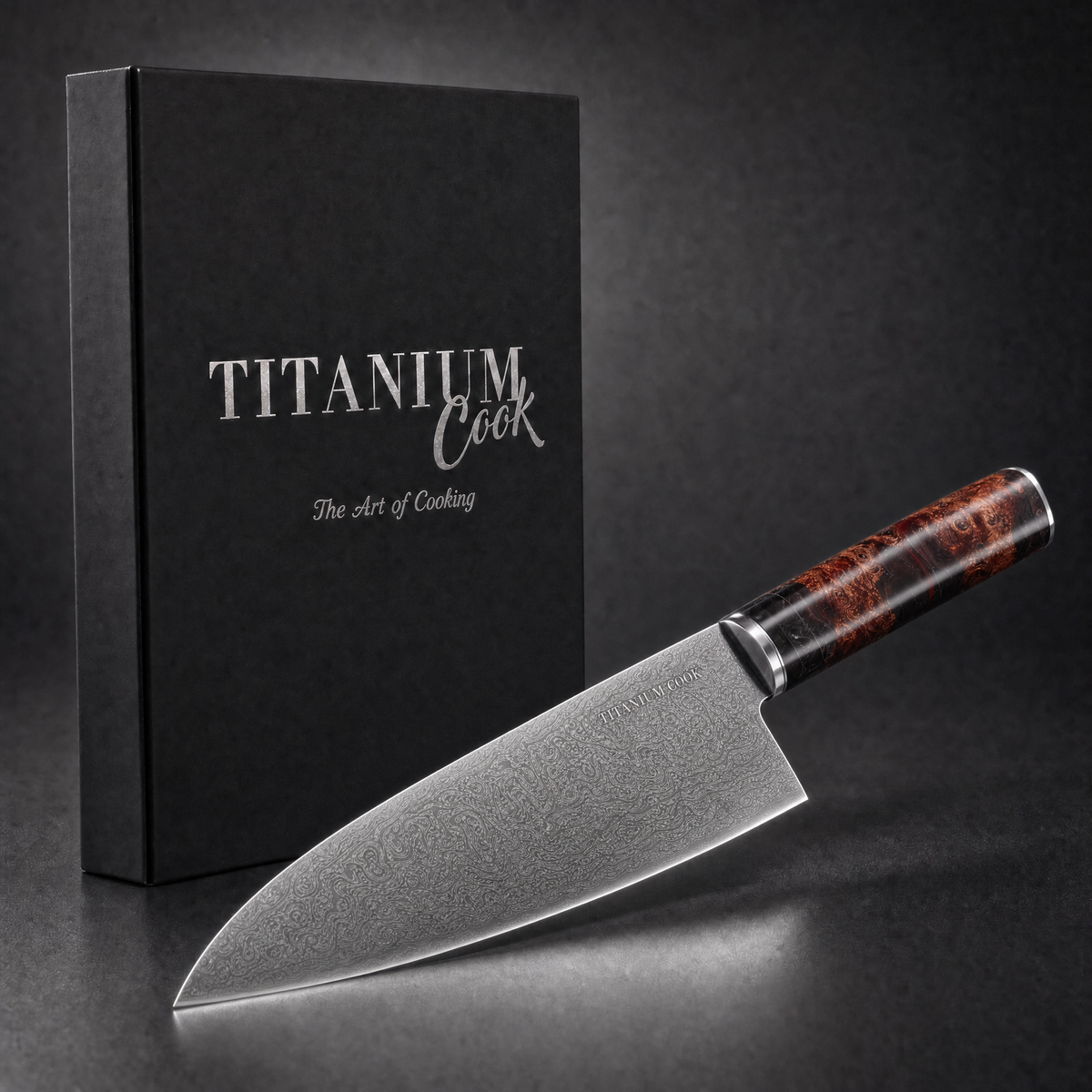Couteau de Chef Terre de Feu 20 cm, coffret TitaniumCook sur fond studio noir