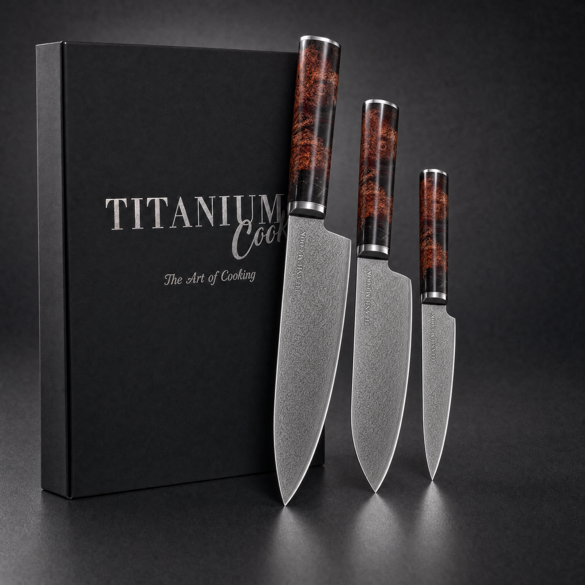 Set de 3 Couteaux Japonais Terre de Feu, coffret TitaniumCook sur fond studio noir