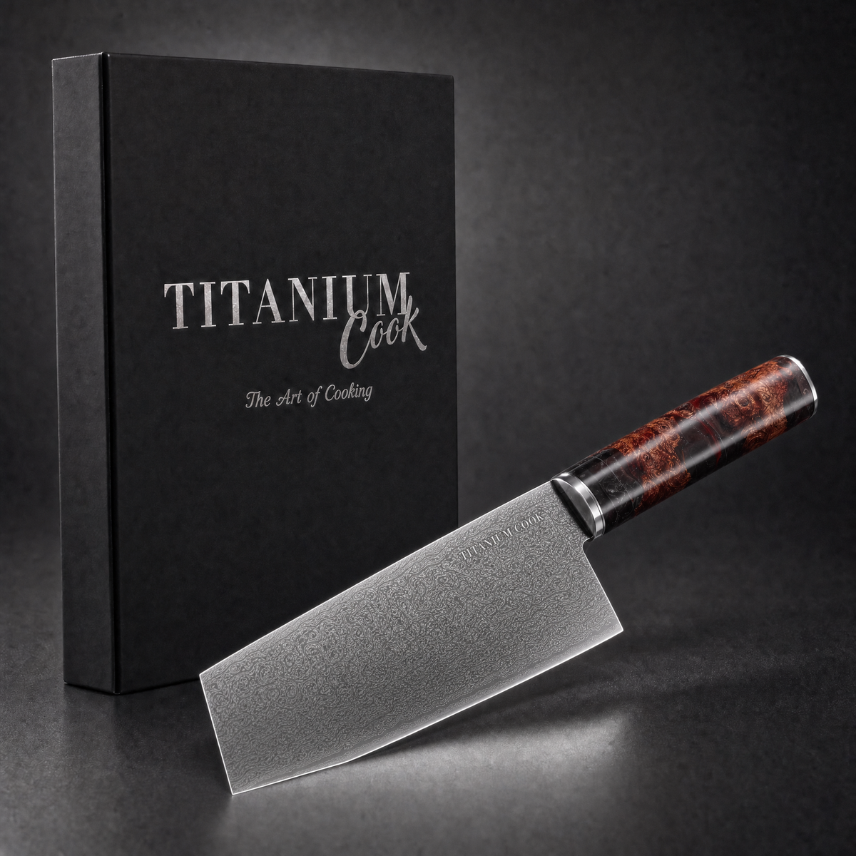 Nakiri-Messer Terre de Feu, TitaniumCook-Set vor schwarzem Studiohintergrund