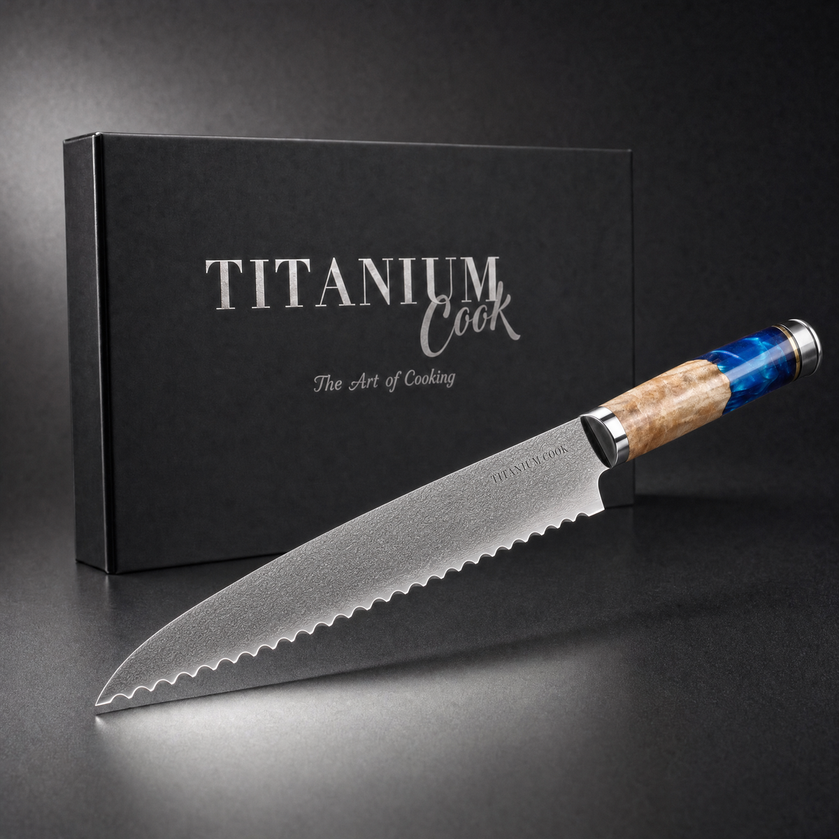 Couteau à Pain Damas Mer Jaune, coffret TitaniumCook sur fond studio noir