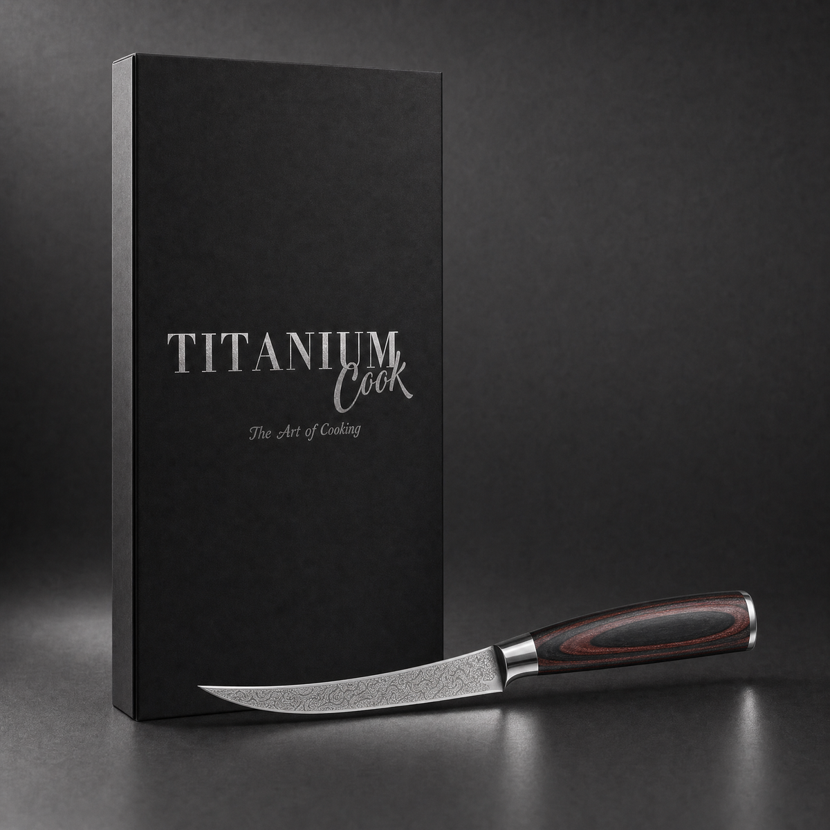 Couteau à Désosser Forest Wood, coffret TitaniumCook sur fond studio noir