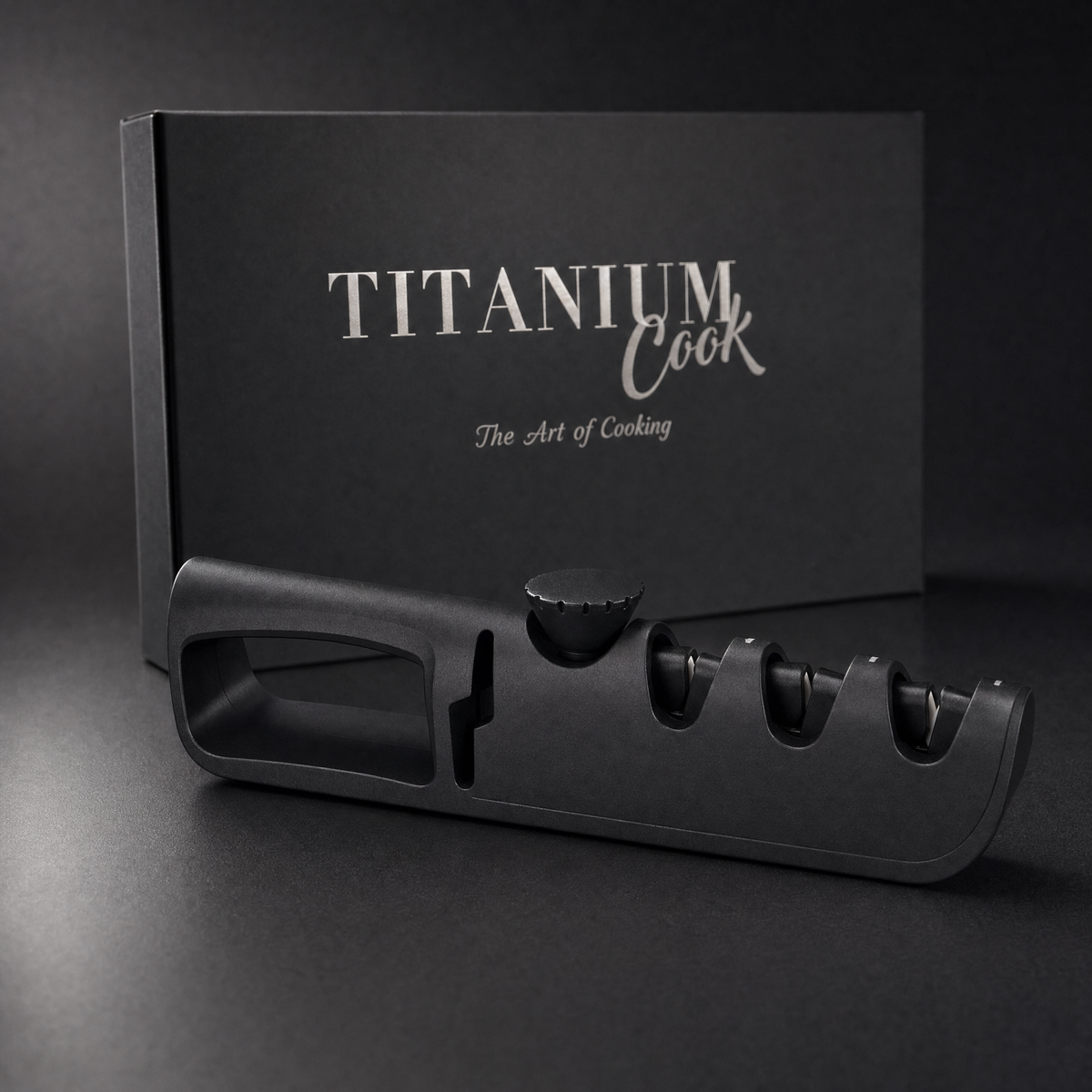 Rotary Sharpening Tool for All Blades, TitaniumCook Set on a Black Studio Background