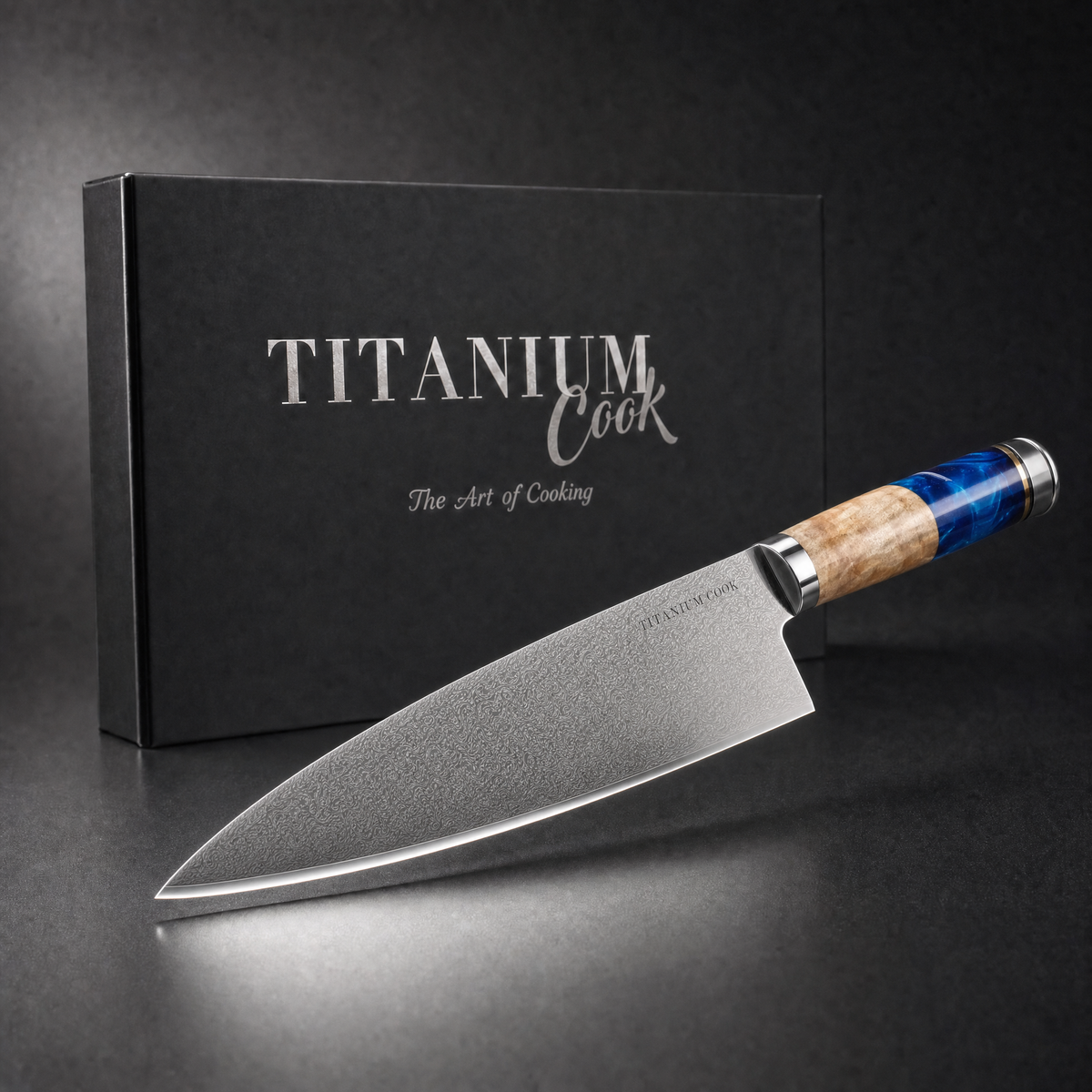 Yellow Sea Damascus multipurpose chef knife, TitaniumCook gift box on black studio background