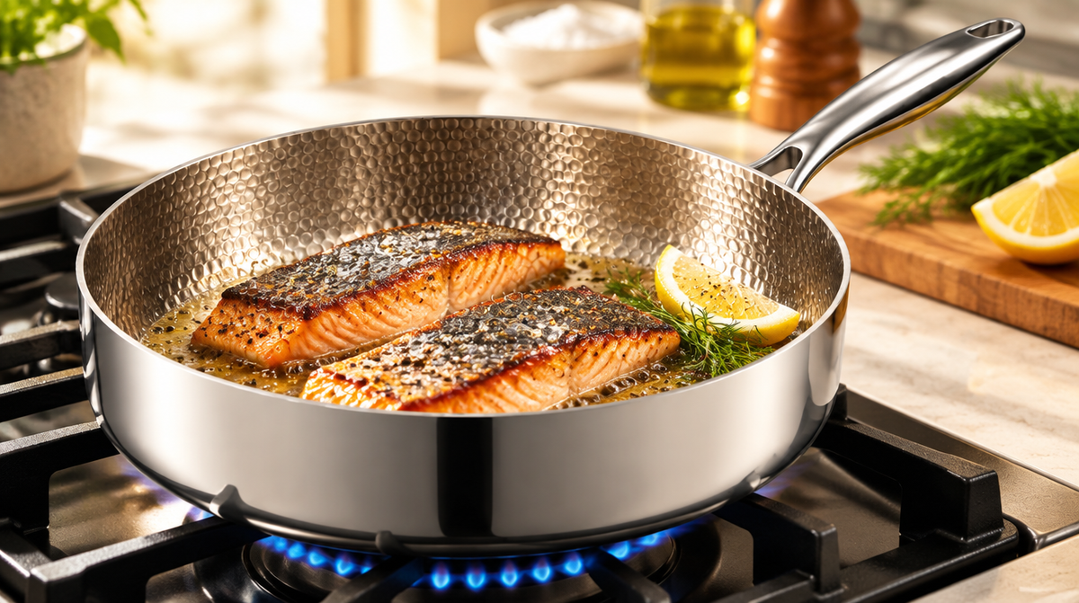 Salmon steaks seared in the pure titanium deep frying pan