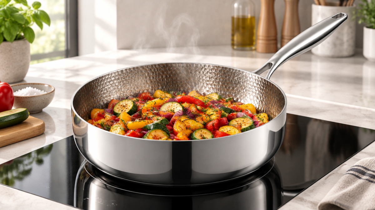 Stir-fried vegetables in a deep titanium frying pan on an induction hob