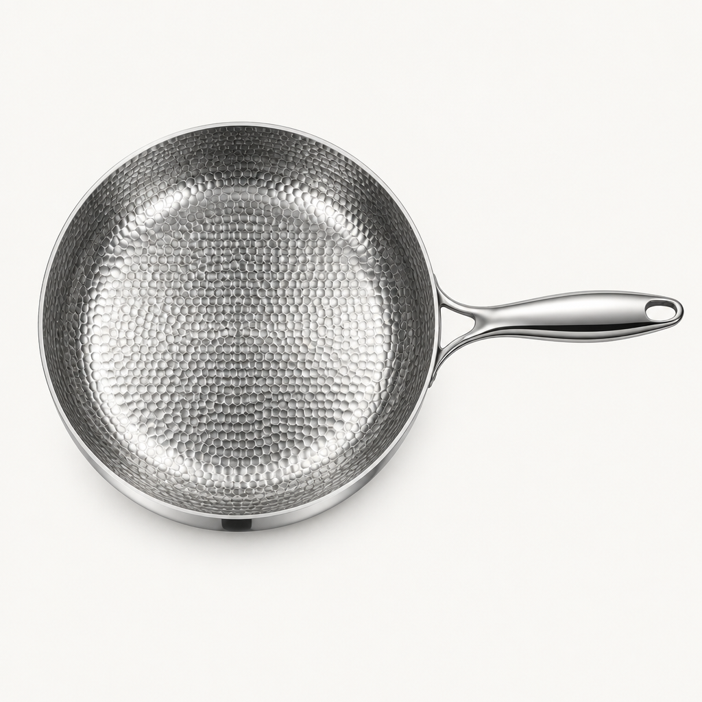 Hammered honeycomb interior of the deep titanium pan, top view