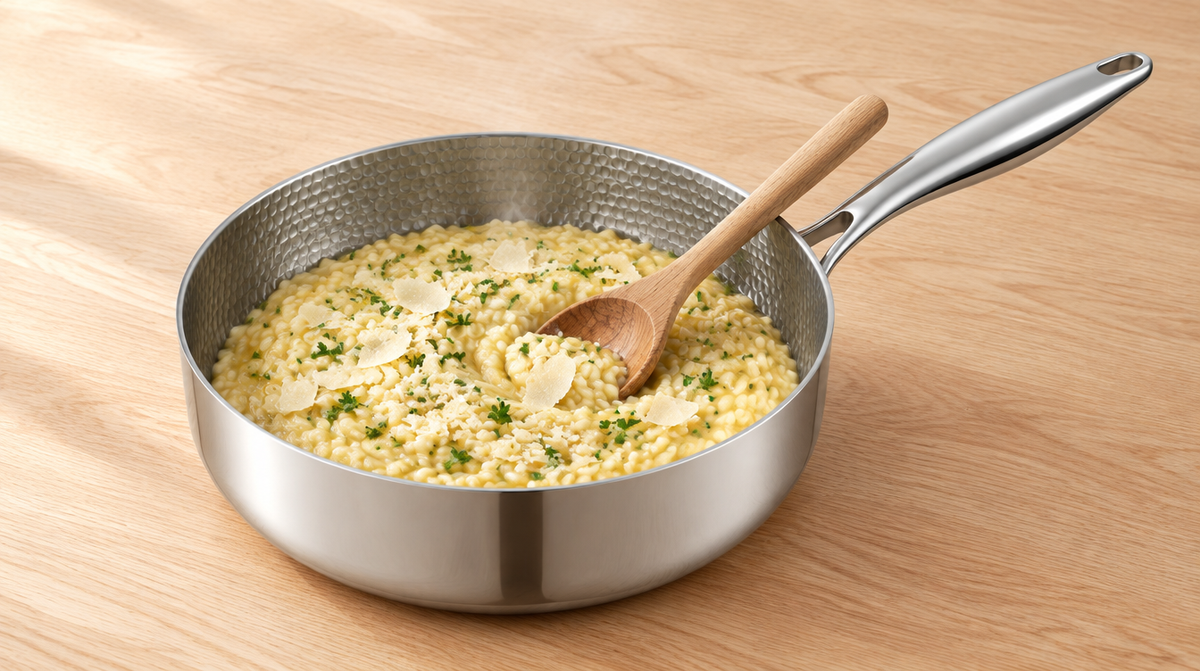 Creamy risotto simmered in a deep pan with high sides made of pure titanium