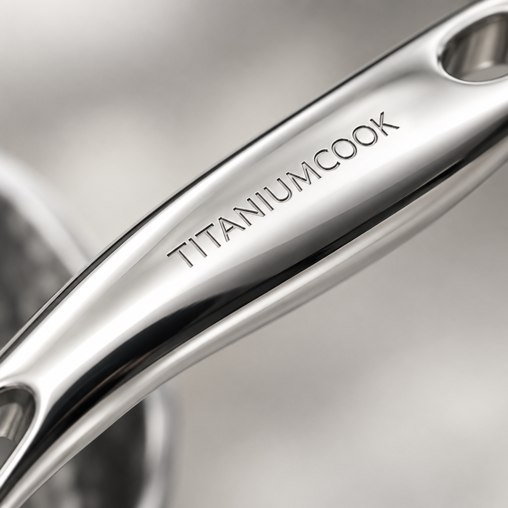 TitaniumCook engraving on the polished titanium handle, macro view