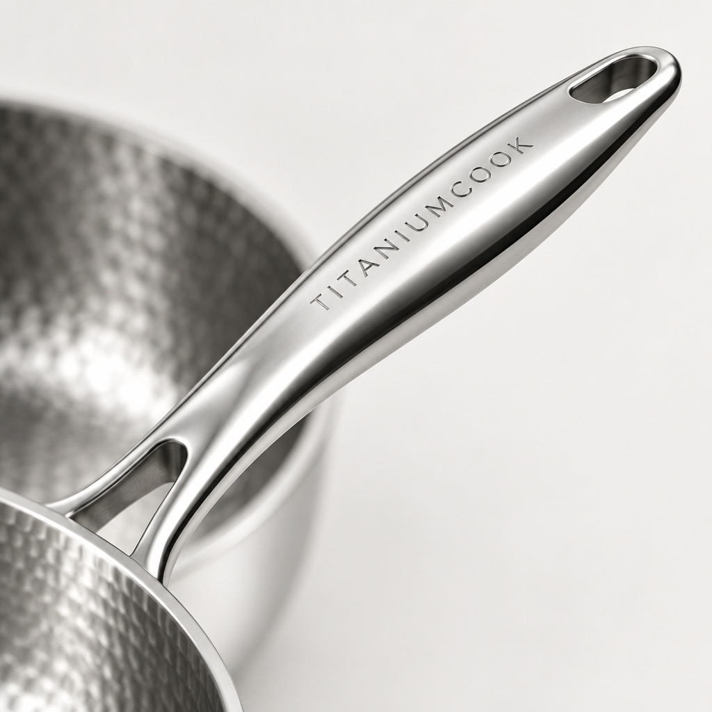 Polished handle of engraved titanium deep pan TitaniumCook