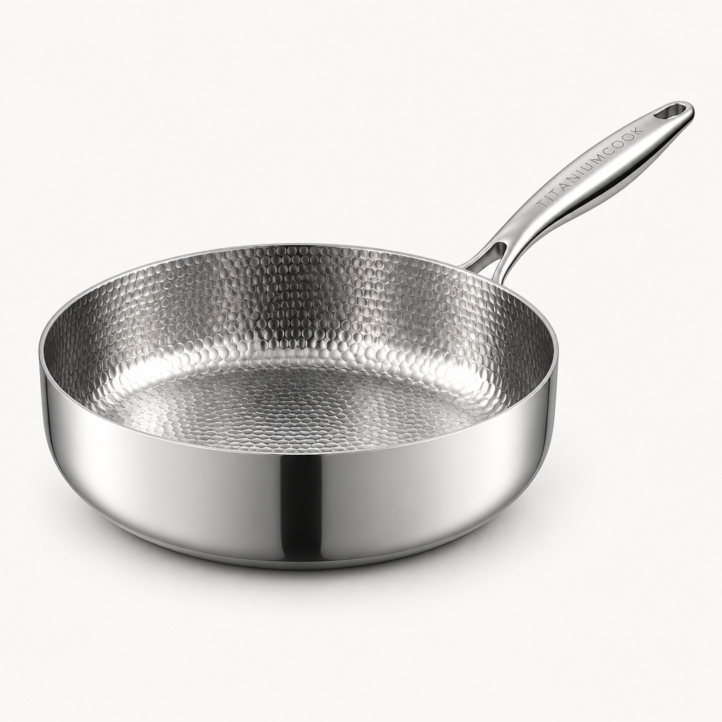 Engraved TitaniumCook Grade 1 pure titanium deep pan, three-quarter view on a light background
