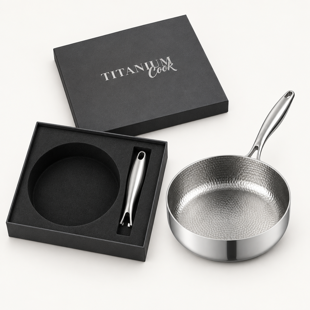 TitaniumCook set open with protective foam and titanium deep frying pan