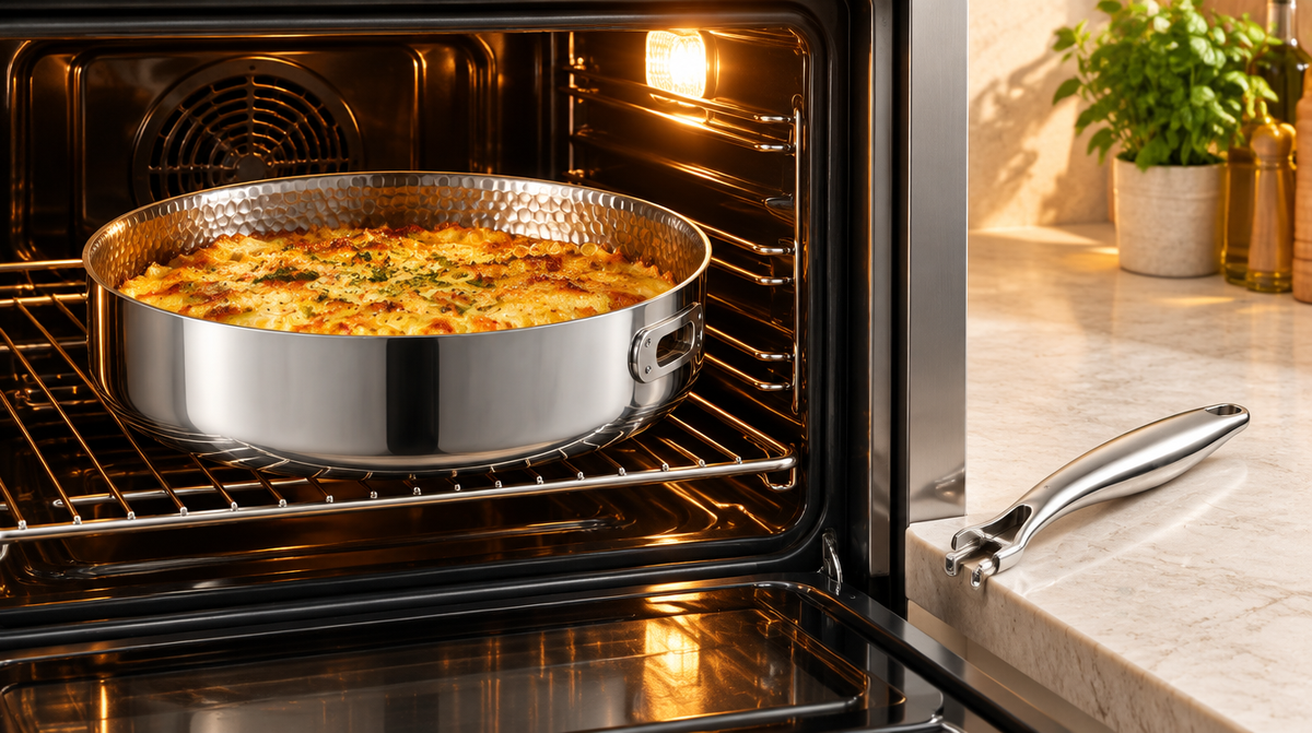 Titanium deep pan in the oven without its handle, gratin baking