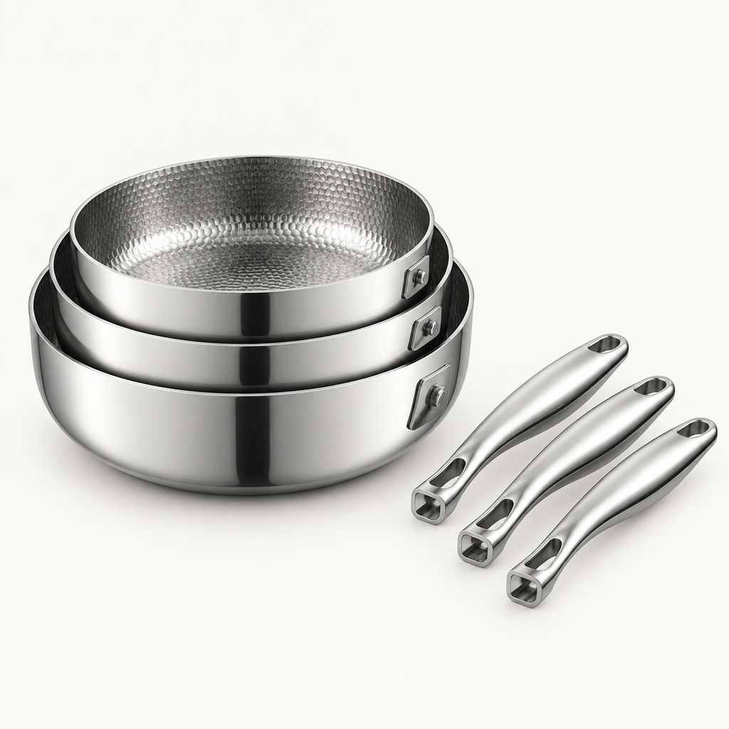 Stacked hollow titanium pans without handles, compact storage