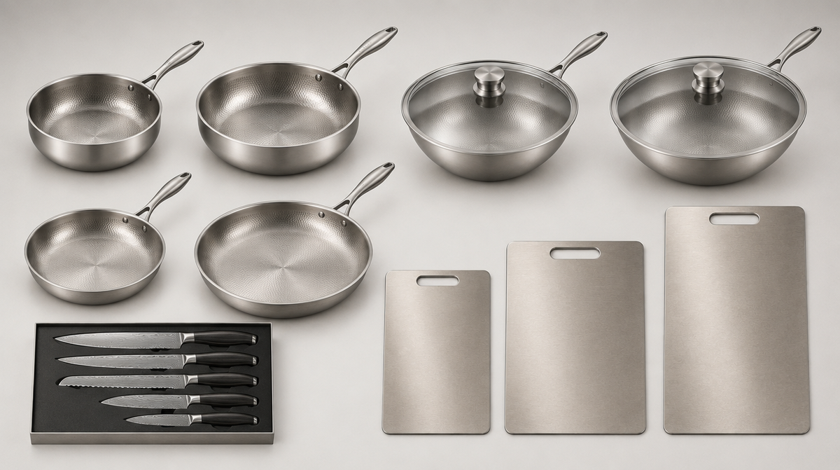 Collection Héritage TitaniumCook : batterie complète 24 pièces en titane pur Grade 1 et couteaux en acier damassé