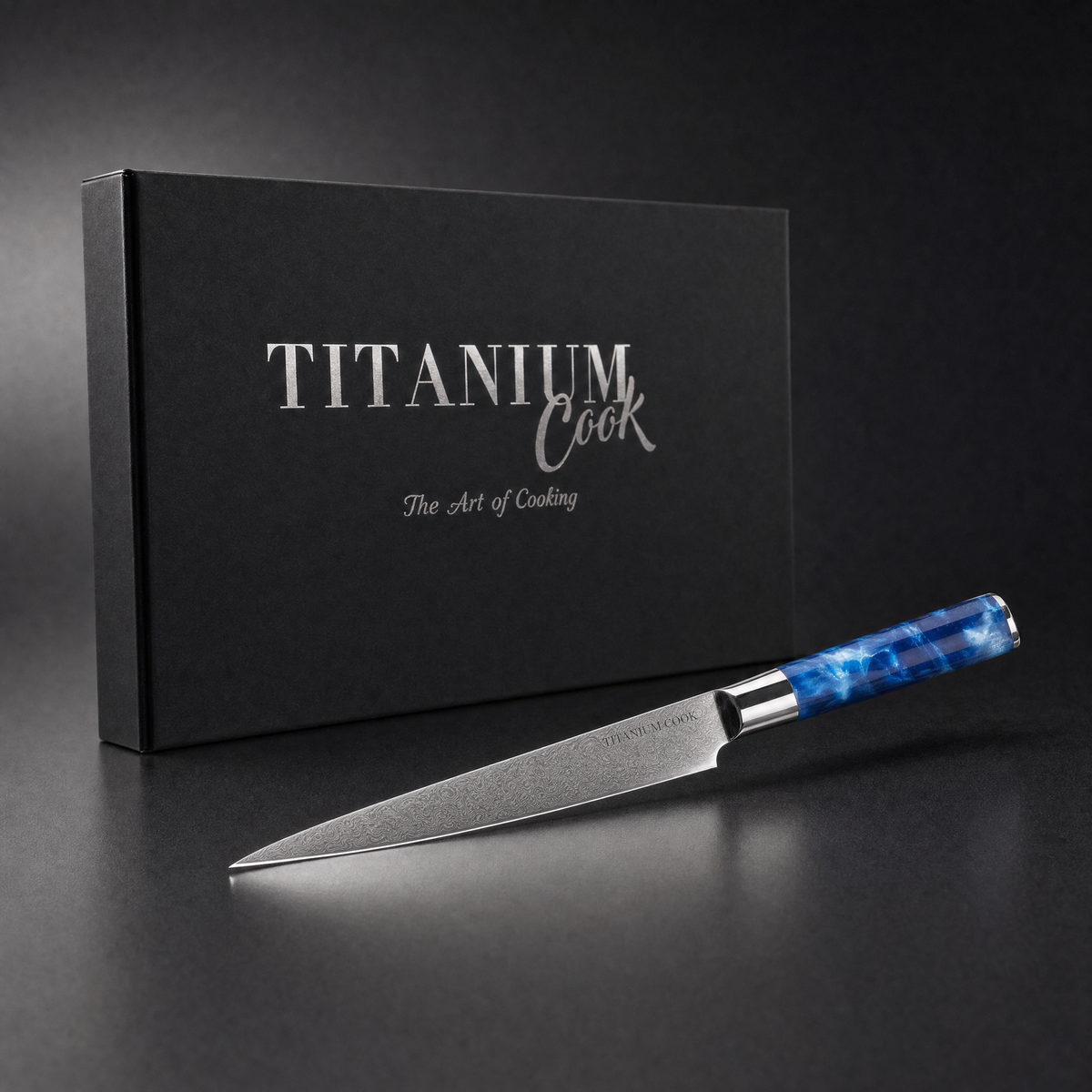 Couteau utilitaire Bleu Océan TitaniumCook lame damassée et coffret noir
