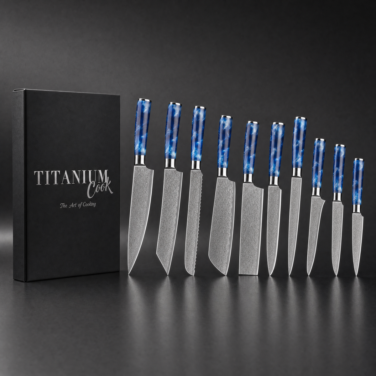 Set de 10 couteaux japonais Bleu Océan TitaniumCook avec coffret noir